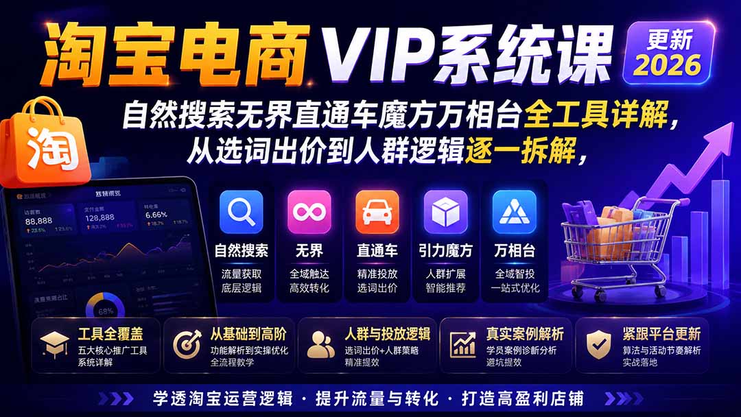 2026淘宝电商终局之战VIP课-更新:自然搜索+直通车+无界+精准人群,系统掌握测款动销与全店推广布局方法-91副业网