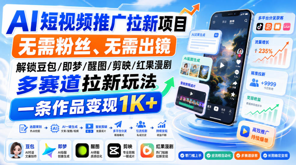 AI短视频推广拉新项目，无需粉丝、无需出镜，解锁豆包/即梦/醒图/剪映/红果漫剧多赛道拉新玩法，一条作品变现1K+(更新0910)-91副业网