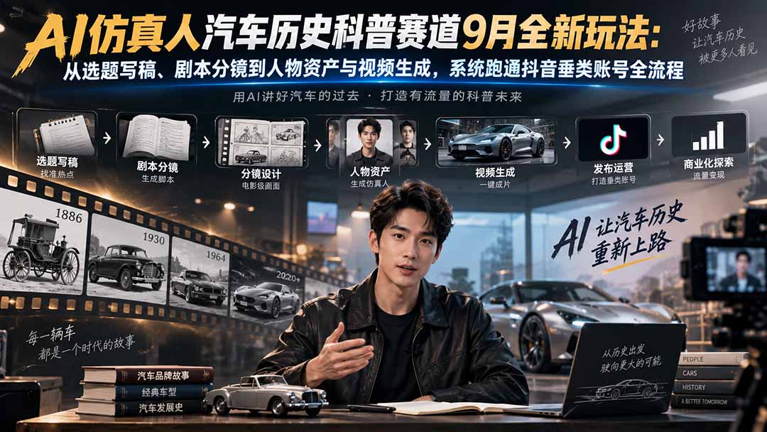 AI仿真人汽车历史科普赛道9月全新玩法:从选题写稿、剧本分镜到人物资产与视频生成,系统跑通抖音垂类账号全流程-91副业网