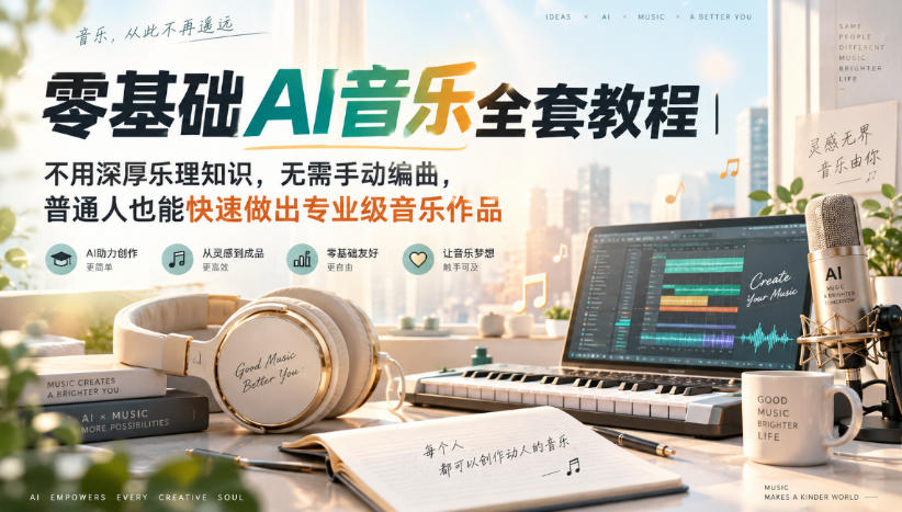 零基础AI音乐全套教程｜不用深厚乐理知识，无需手动编曲，普通人也能快速做出专业级音乐作品-91副业网