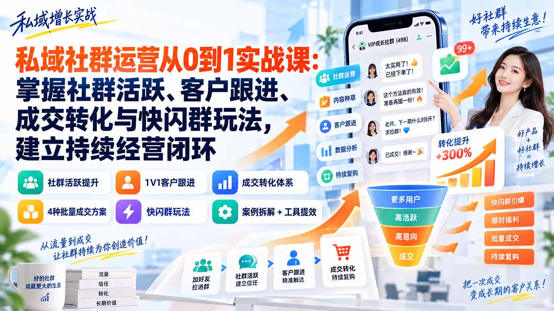私域社群运营从0到1实战课：掌握社群活跃、客户跟进、成交转化与快闪群玩法，建立持续经营闭环-91副业网