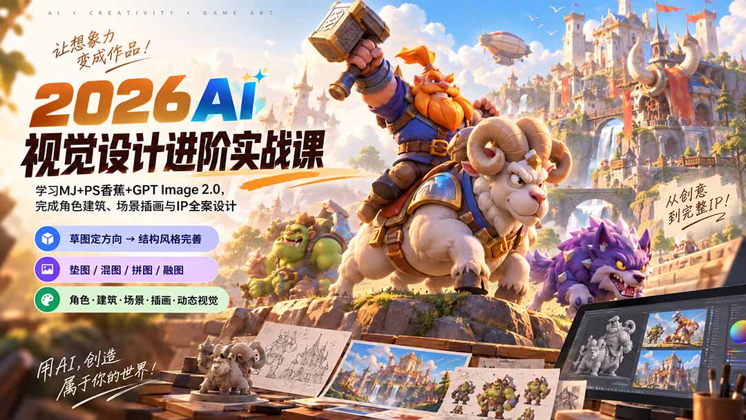 2026AI视觉设计进阶实战课-更新:学习MJ+PS香蕉+GPT Image 2.0,完成角色建筑、场景插画与IP全案设计-91副业网