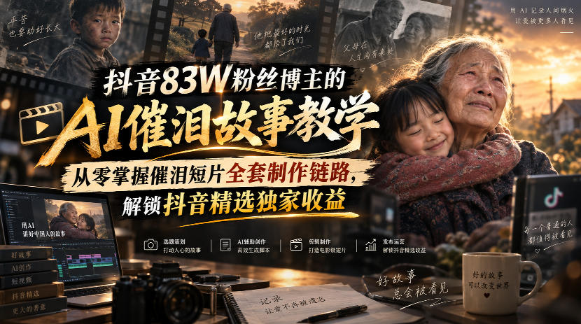 抖音83W粉丝博主的AI催泪故事教学，从零掌握催泪短片全套制作链路，解锁抖音精选独家收益-91副业网