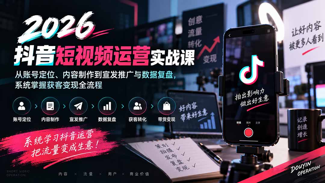2026抖音短视频运营实战课：从账号定位、内容制作到宣发推广与数据复盘，系统掌握获客变现全流程-91副业网