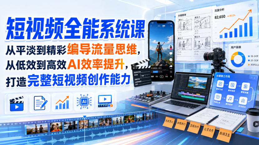 短视频全能系统课，从平淡到精彩编导流量思维，从低效到高效AI效率提升，打造完整短视频创作能力(完整版)-91副业网
