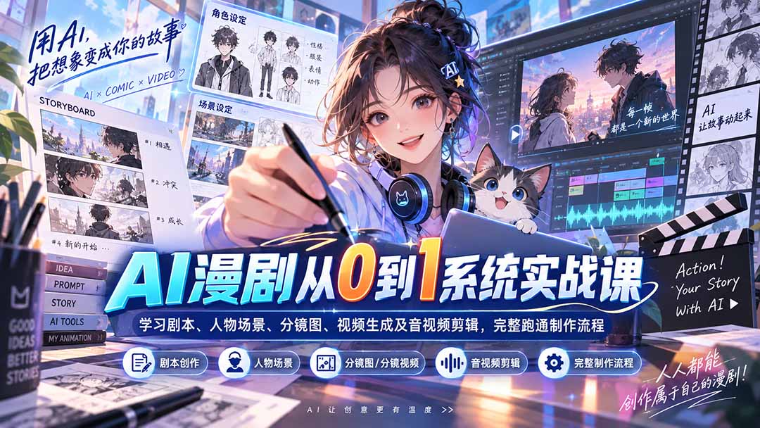 AI漫剧从0到1系统实战课：学习剧本、人物场景、分镜图、视频生成及音视频剪辑，完整跑通制作流程-91副业网