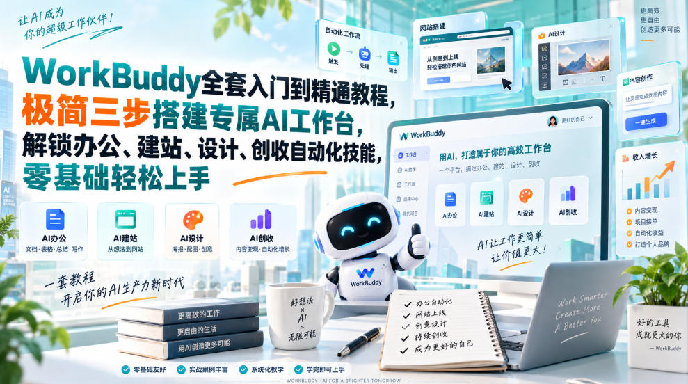 WorkBuddy全套入门到精通教程,极简三步搭建专属AI工作台,解锁办公、建站、设计、创收自动化技能,零基础轻松上手-91副业网