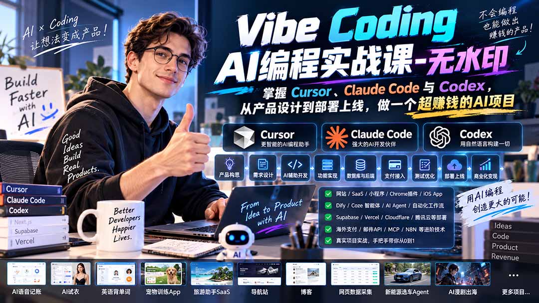 Vibe Coding AI编程实战课-无水印：掌握Cursor、Claude Code与Codex，从产品设计到部署上线，做一个超赚钱的AI项目-91副业网