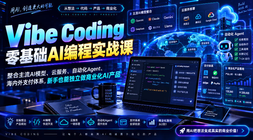 Vibe Coding零基础AI编程实战课-无水印，整合主流AI模型、云服务、自动化Agent、海内外支付体系，新手也能独立做商业化AI产品-91副业网