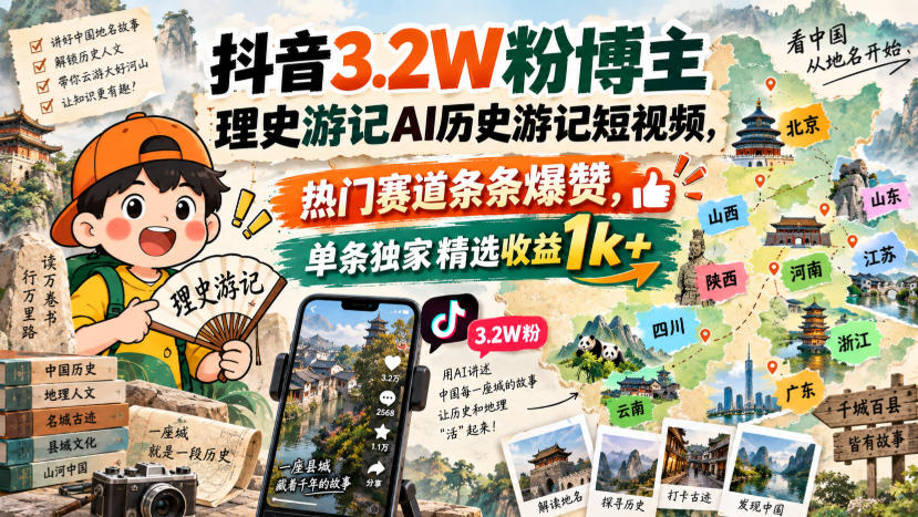 抖音3.2W粉博主理史游记AI历史游记短视频教学，热门赛道条条爆赞，单条独家精选收益1k+-91副业网