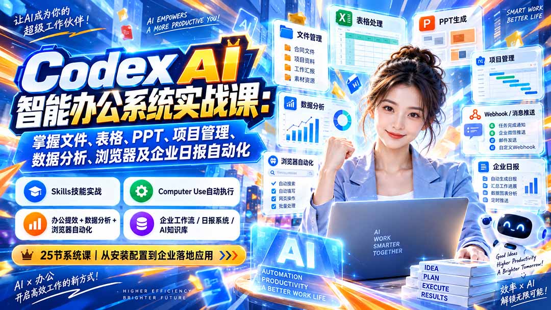 Codex AI智能办公系统实战课：掌握文件、表格、PPT、项目管理、数据分析、浏览器及企业日报自动化-91副业网