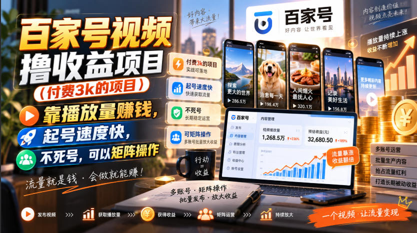 百家号视频撸收益项目(付费3k的项目)，靠播放量賺钱，起号速度快，不死号，可以矩阵操作-91副业网