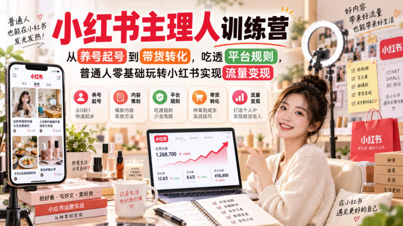 小红书主理人训练营，从养号起号到带货转化，吃透平台规则，普通人零基础玩转小红书实现流量变现-91副业网