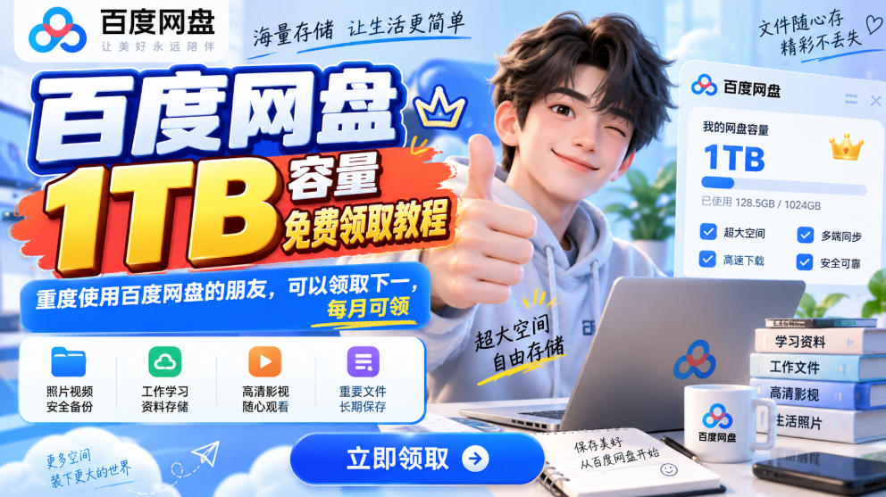 百度网盘1TB容量免费领取教程，重度使用百度网盘的朋友，可以领取下一，每月可领-91副业网