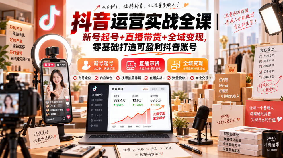 抖音运营实战全课|新号起号+直播带货+全域变现,零基础打造可盈利抖音账号-91副业网