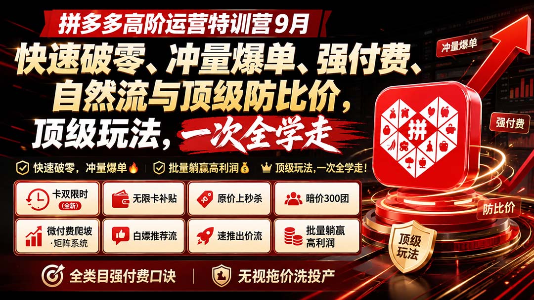 拼多多高阶运营特训营9月：快速破零、冲量爆单、强付费、自然流与顶级防比价， 顶级玩法，一次全学走-91副业网