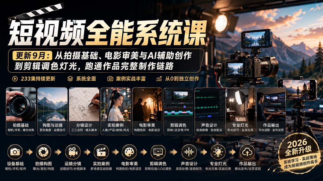 短视频全能系统课-9月完整版：从拍摄基础、电影审美与AI辅助创作到剪辑调色灯光，跑通作品完整制作链路-91副业网