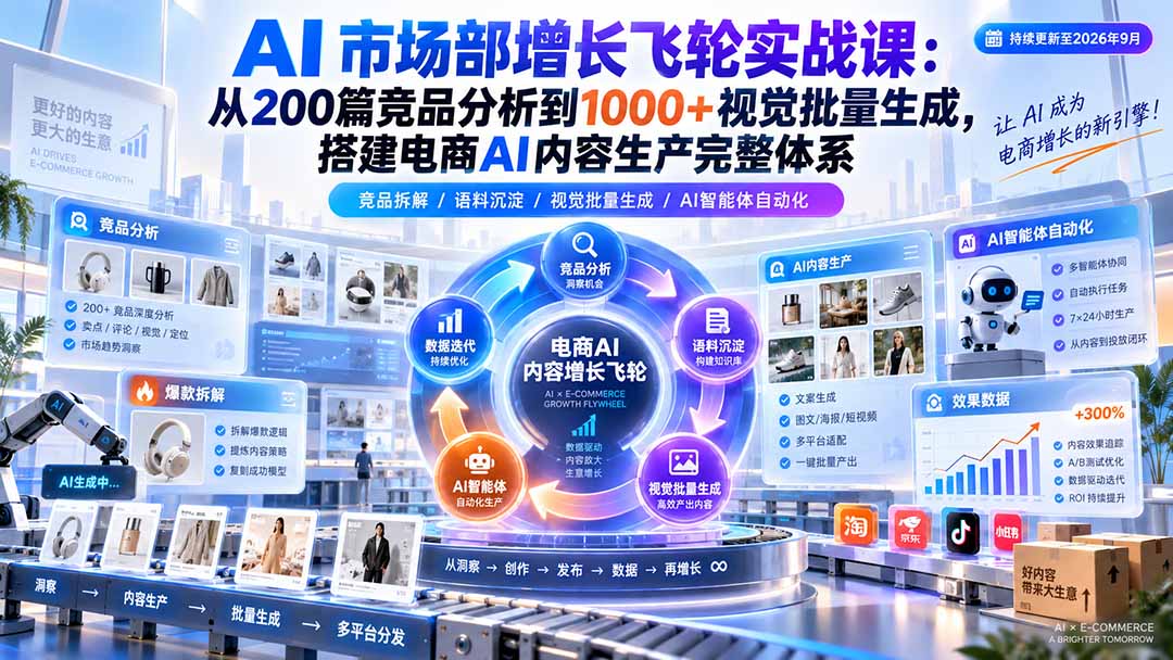 AI 市场部增长飞轮实战课:从200篇竞品分析到1000+视觉批量生成,搭建电商AI内容生产完整体系-91副业网