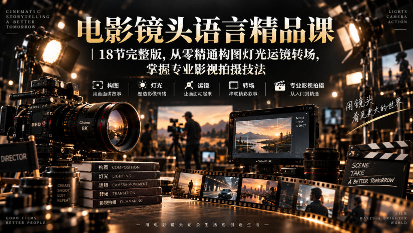 电影镜头语言精品课|18节完整版,从零精通构图灯光运镜转场,掌握专业影视拍摄技法-91副业网