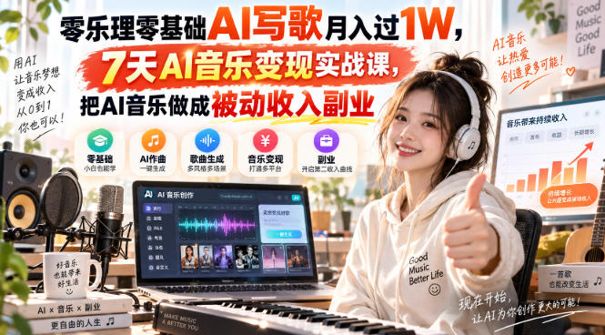 零乐理零基础AI写歌月入过1W，7天AI音乐变现实战课，把AI音乐做成被动收入副业-91副业网