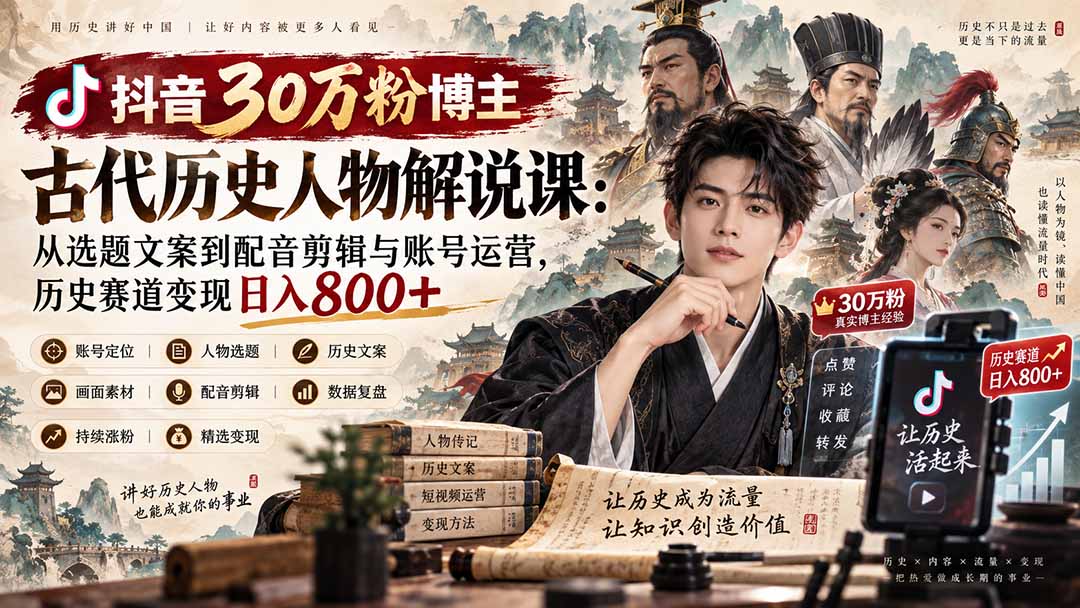 抖音30万粉博主古代历史人物解说课：从选题文案到配音剪辑与账号运营，历史赛道变现日入800+-91副业网
