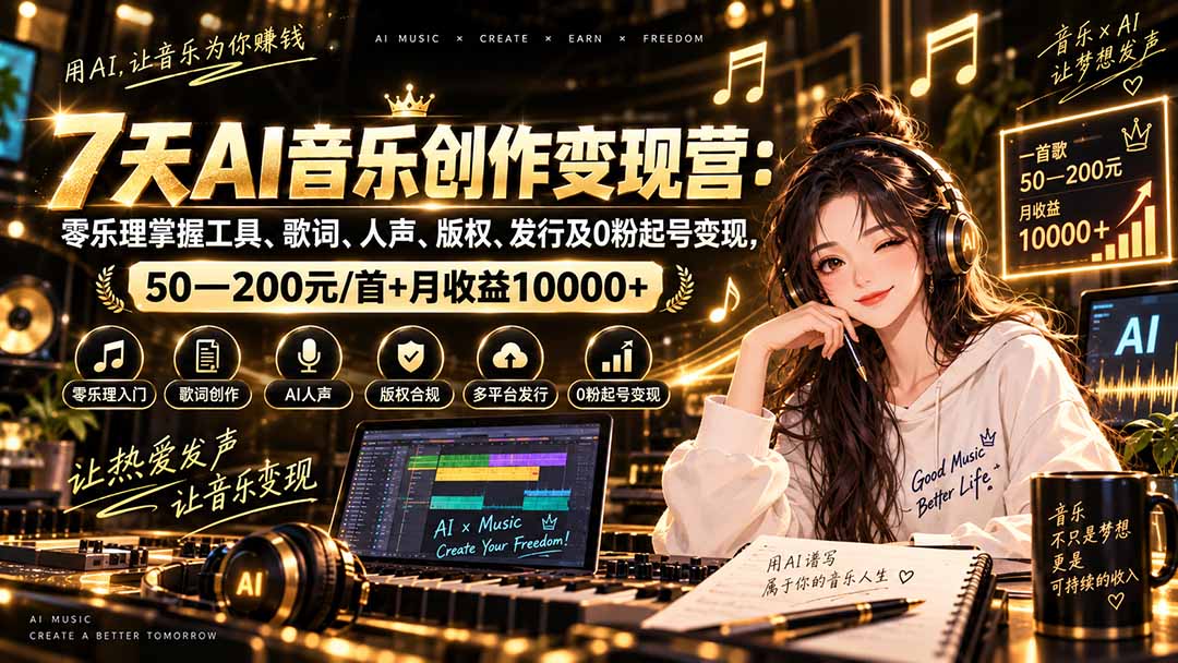 AI音乐创作变现营：零乐理掌握工具、歌词、人声、版权、发行及0粉起号变现，50—200元/首+月收益10000+-91副业网