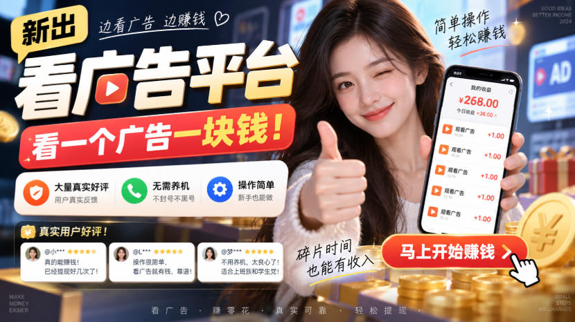 新出看广告平台，看一个广告一块钱，大量真实好评！无需养机、不会黑号，操作简单【揭秘】-91副业网