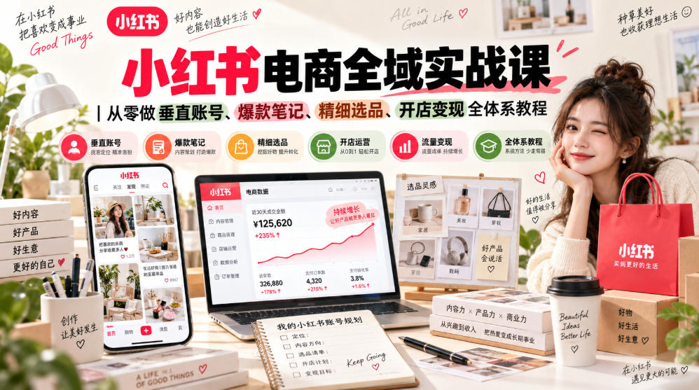 小红书电商全域实战课|从零做垂直账号、爆款笔记、精细选品、开店变现全体系教程-91副业网