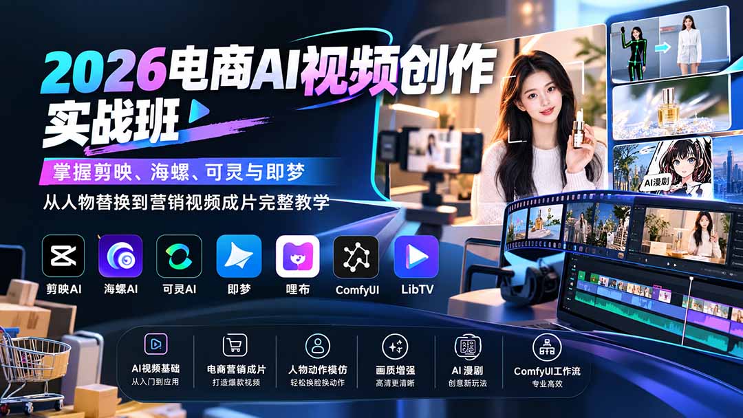 2026电商AI视频创作实战班：掌握剪映、海螺、可灵与即梦，从人物替换到营销视频成片完整教学-91副业网