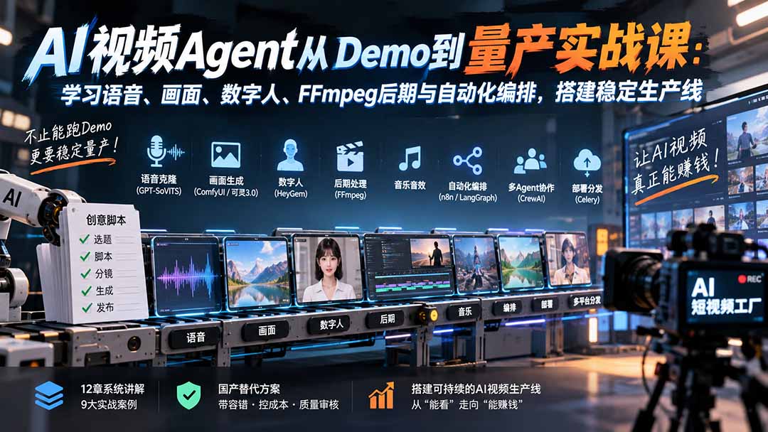 AI视频Agent从Demo到量产实战课:学习语音、画面、数字人、FFmpeg后期与自动化编排,搭建稳定生产线-91副业网