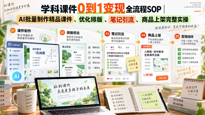 学科课件0到1变现全流程SOP|AI批量制作精品课件、优化排版、笔记引流、商品上架完整实操-91副业网