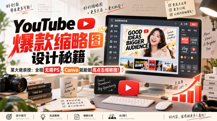YouTube爆款缩略图设计秘籍，某油管大佬(610万订阅者)亲授，全程无需PS，Canva就能做高点击缩略图！【原创双语字幕】-91副业网