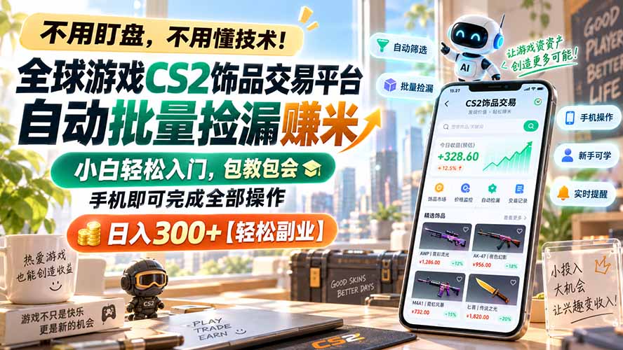 全球游戏CS2饰品交易平台自动批量捡漏赚米,小白轻松入门,包教包会,手机即可完成全部操作,日入300+【轻松副业】-91副业网