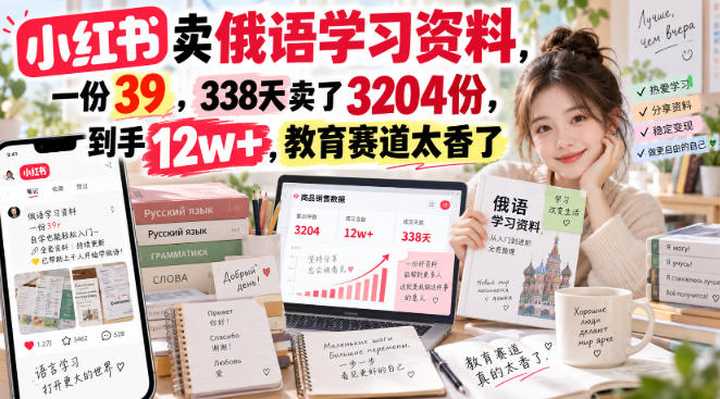 小红书卖俄语学习资料，一份39，338天卖了3204份，到手12w+，教育赛道太香了-91副业网