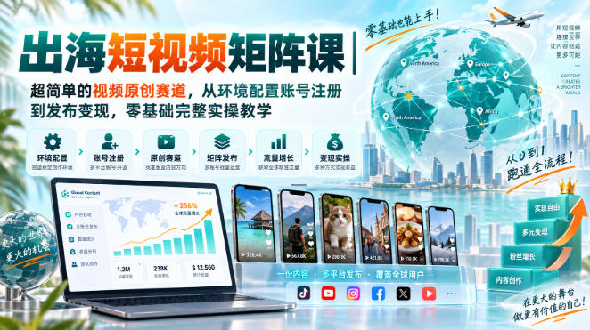 出海短视频矩阵课｜超简单的视频原创赛道，从环境配置账号注册到发布变现，零基础完整实操教学-91副业网