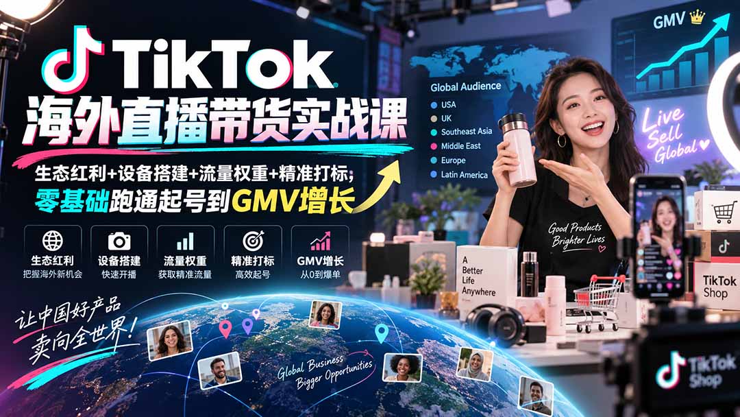 TikTok海外直播带货实战课｜生态红利+设备搭建+流量权重+精准打标，零基础跑通起号到GMV增长-91副业网