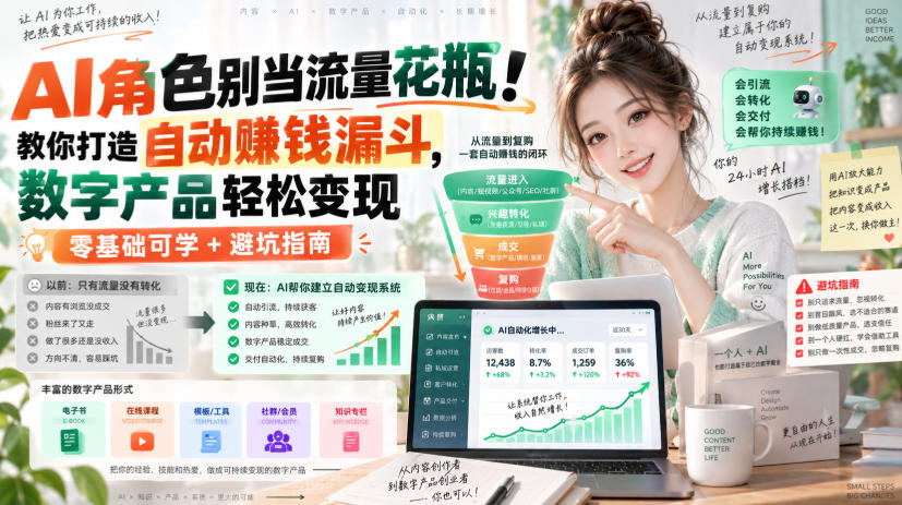 AI角色别当流量花瓶！教你打造自动賺钱漏斗，数字产品轻松变现(零基础可学+避坑指南)【原创双语字幕】-91副业网