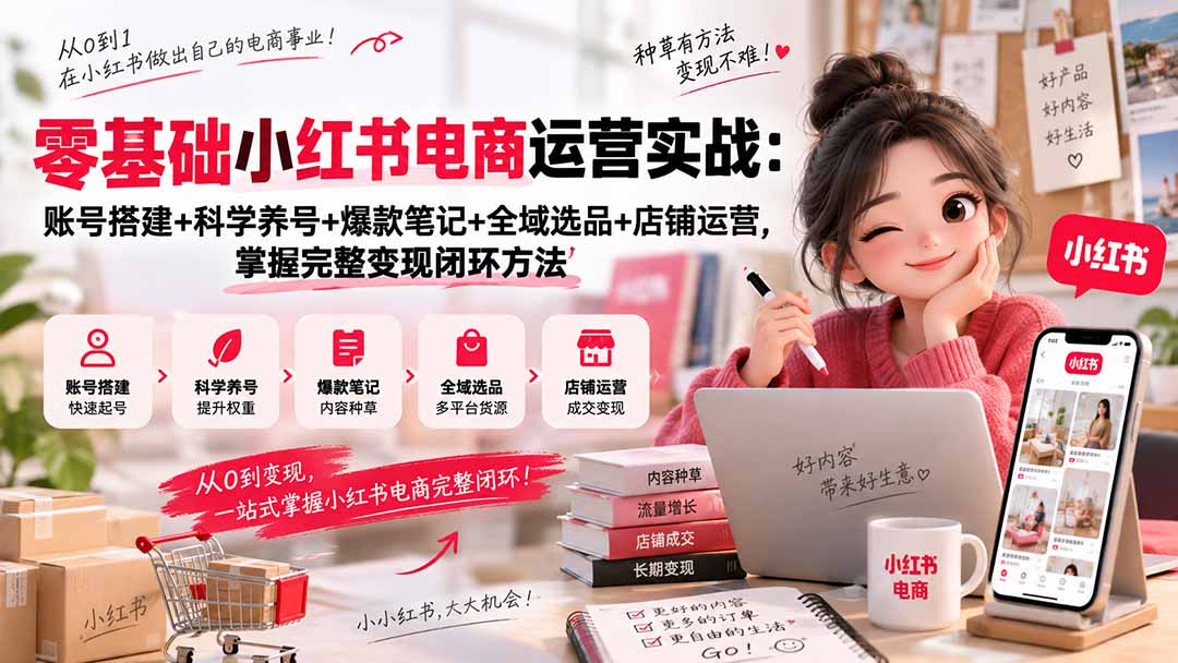 零基础小红书电商运营实战：账号搭建+科学养号+爆款笔记+全域选品+店铺运营，掌握完整变现闭环方法-91副业网