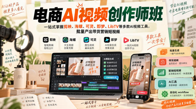 电商AI视频创作师班，一站式掌握剪映、海螺、可灵、即梦、LibTV等多款AI视频工具，批量产出带货营销短视频-91副业网