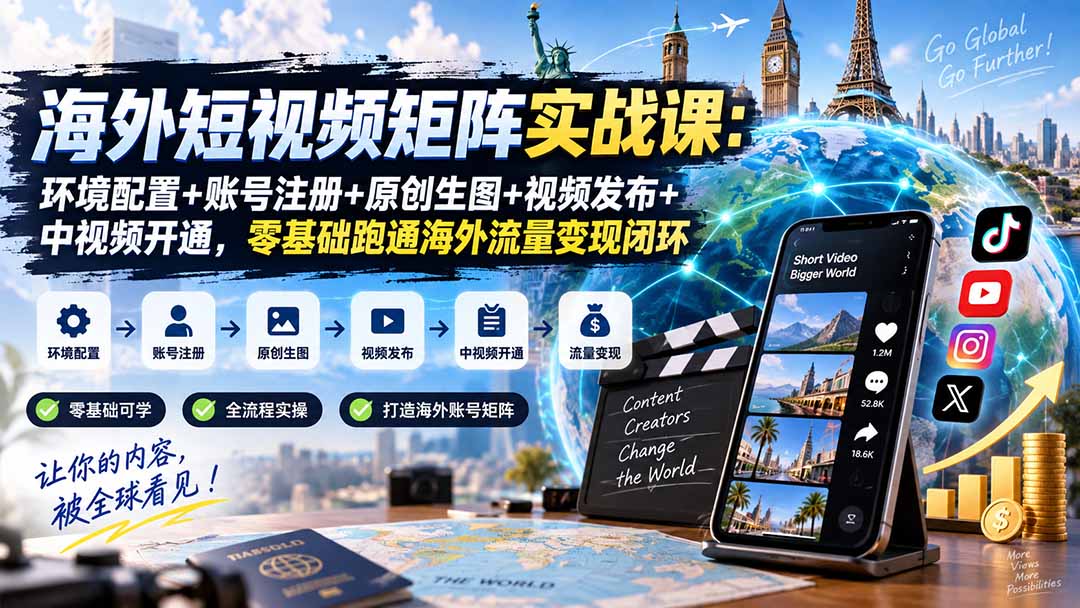 海外短视频矩阵实战课：环境配置+账号注册+原创生图+视频发布+中视频开通，零基础跑通海外流量变现闭环-91副业网