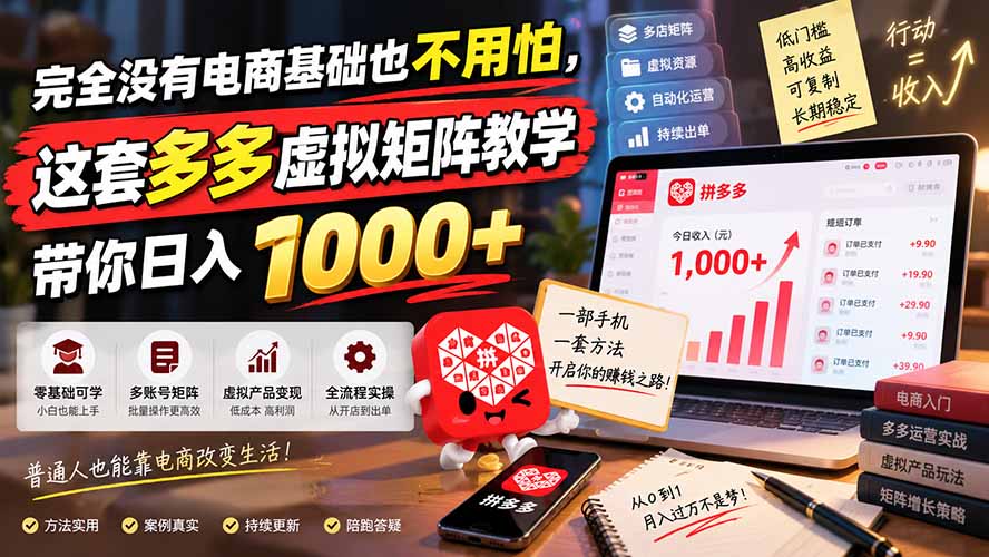 完全没有电商基础也不用怕,这套多多虚拟矩阵教学带你日入 1000+-91副业网