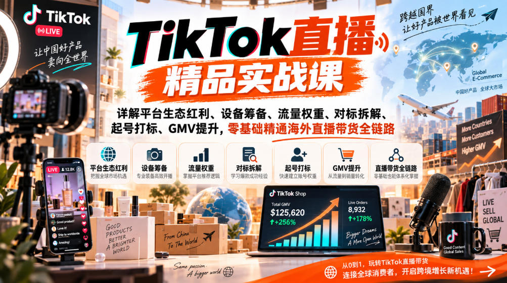 TikTok直播精品实战课,详解平台生态红利、设备筹备、流量权重、对标拆解、起号打标、GMV提升,零基础精通海外直播带货全链路-91副业网