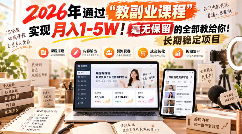 2026年通过“教副业课程”实现月入1-5W！毫无保留的全部教给你！长期稳定项目-91副业网