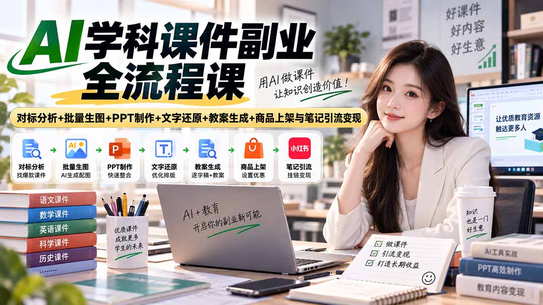 AI学科课件副业全流程课｜对标分析+批量生图+PPT制作+文字还原+教案生成+商品上架与笔记引流变现-91副业网
