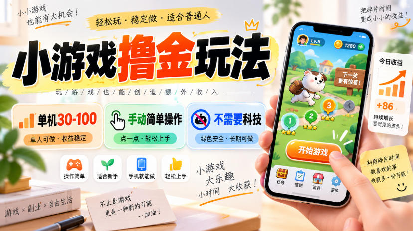 小游戏撸金玩法，单机30-100，手动简单操作，不需要科技-91副业网