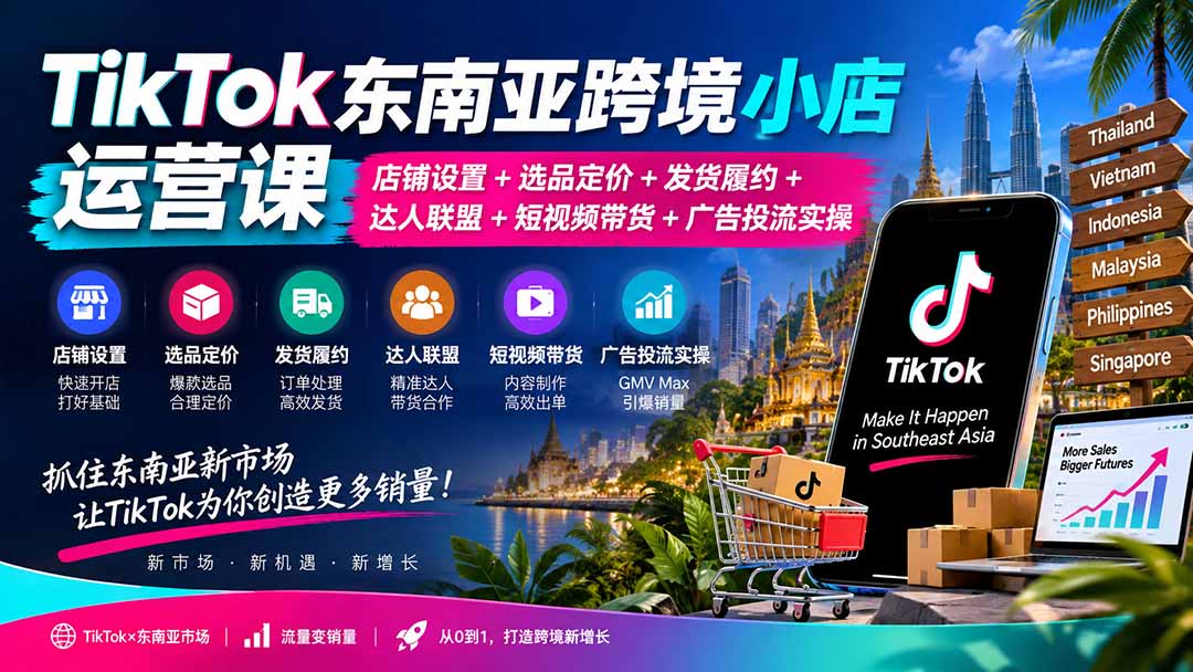 TikTok东南亚跨境小店运营课:店铺设置+选品定价+发货履约+达人联盟+短视频带货+广告投流实操-91副业网