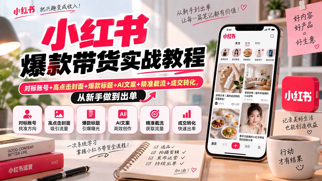 小红书爆款带货实战教程｜对标账号+高点击封面+爆款标题+AI文案+精准截流+成交转化，从新手做到出单-91副业网