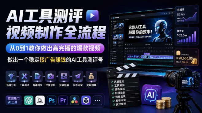 AI工具测评视频制作全流程，从0到1教你做出高完播的爆款视频，做出一个稳定接广告賺钱的AI工具测评号-91副业网