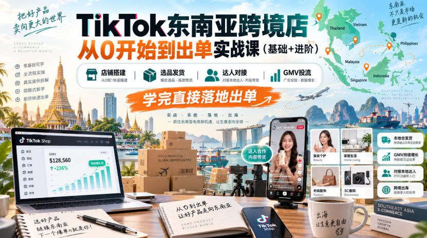 TikTok东南亚跨境店从0开始到出单实战课(基础+进阶),店铺搭建、选品发货、达人对接、GMV投流,学完直接落地出单-91副业网