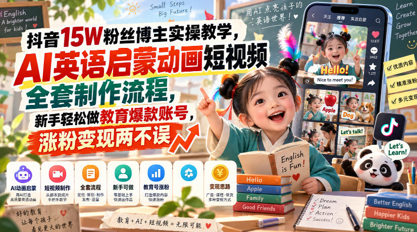 抖音15W粉丝博主实操教学，AI英语启蒙动画短视频全套制作流程，新手轻松做教育爆款账号，涨粉变现两不误-91副业网